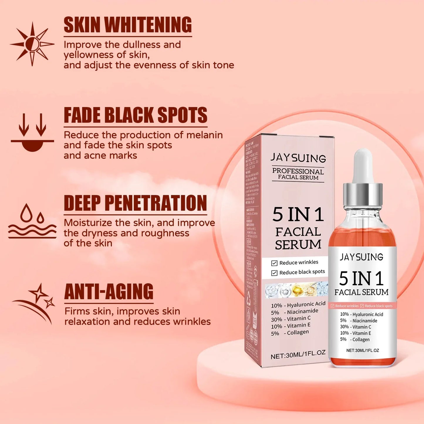 Jaysuing 5 In 1 Hyaluronic Acid Face Serum 30ml Moisturizing Vitamin C Collagen Lightning Facial Serum Shrink Pores Skin Care