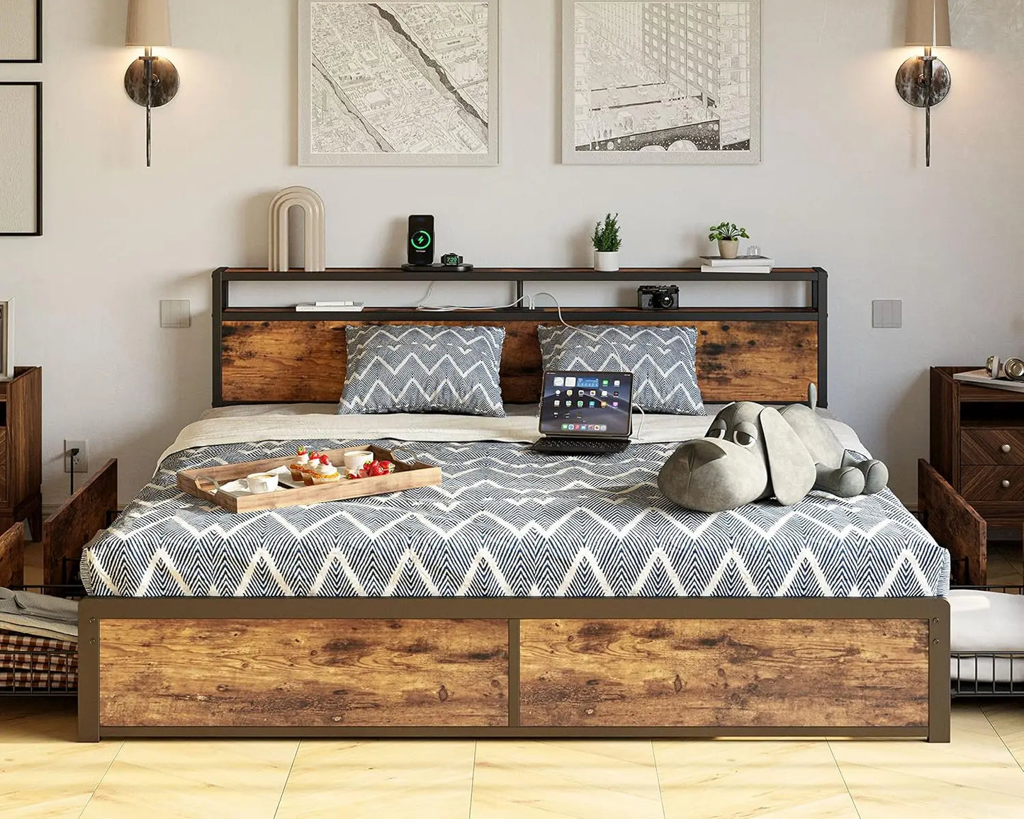Likimio King Bed Frame With Storage Drawer, 2-Tier Storage Headboard With Charging Station, No Box Spring Needed, Easy