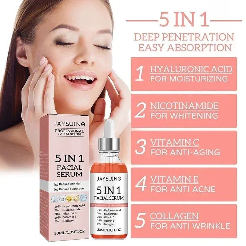 Jaysuing 5 In 1 Hyaluronic Acid Face Serum 30ml Moisturizing Vitamin C Collagen Lightning Facial Serum Shrink Pores Skin Care