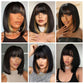 100% Human Hair Brown Highlight Put On and Go Realistic Yaki Straight Short Bob with Bangs Minimalist 3X1 Lace Wig For Women