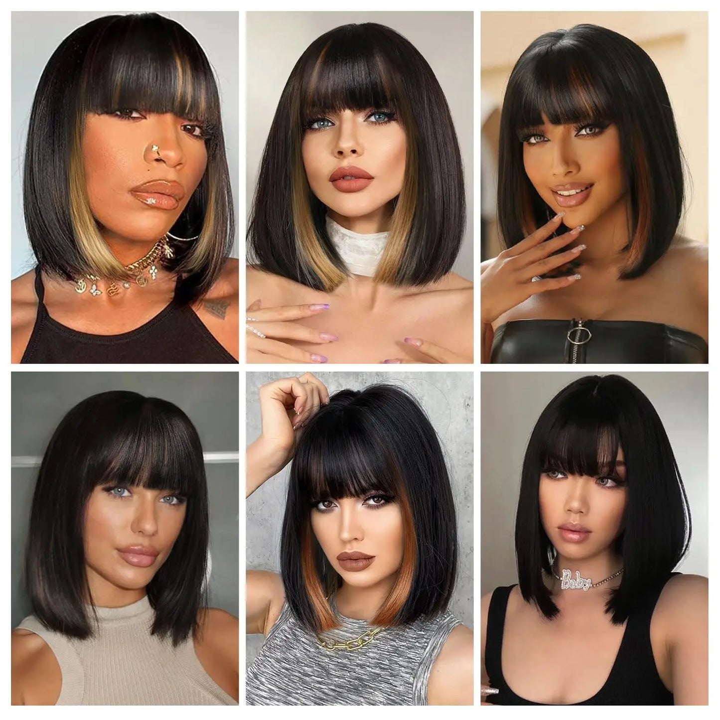 100% Human Hair Brown Highlight Put On and Go Realistic Yaki Straight Short Bob with Bangs Minimalist 3X1 Lace Wig For Women