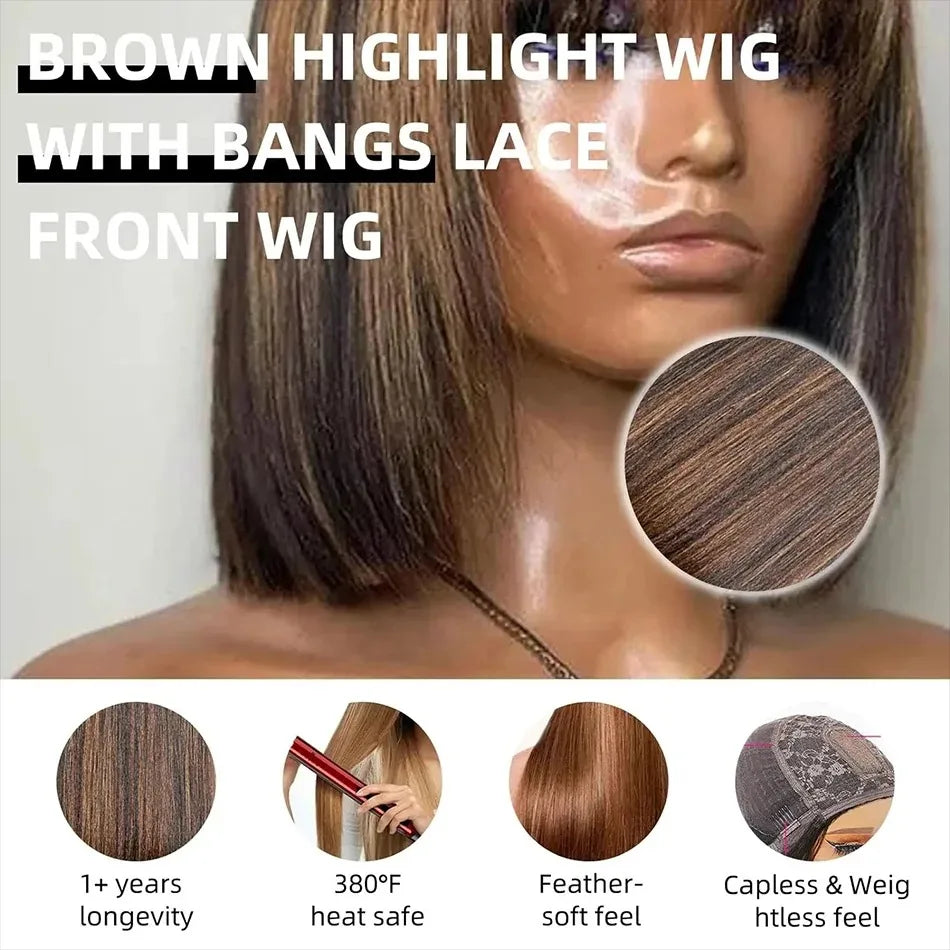 100% Human Hair Brown Highlight Put On and Go Realistic Yaki Straight Short Bob with Bangs Minimalist 3X1 Lace Wig For Women