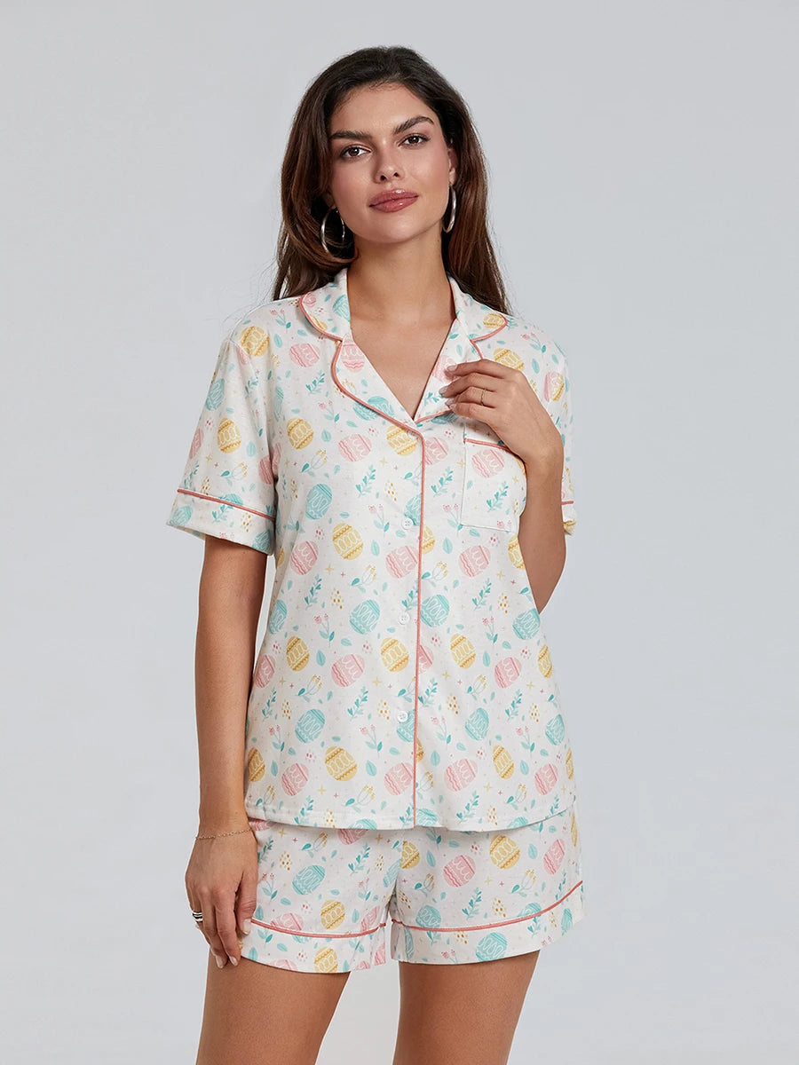 Women s Easter Loungewear Set Cartoon Egg Print Short Sleeve Lapel Button T-Shirt with Elastic Waist Shorts