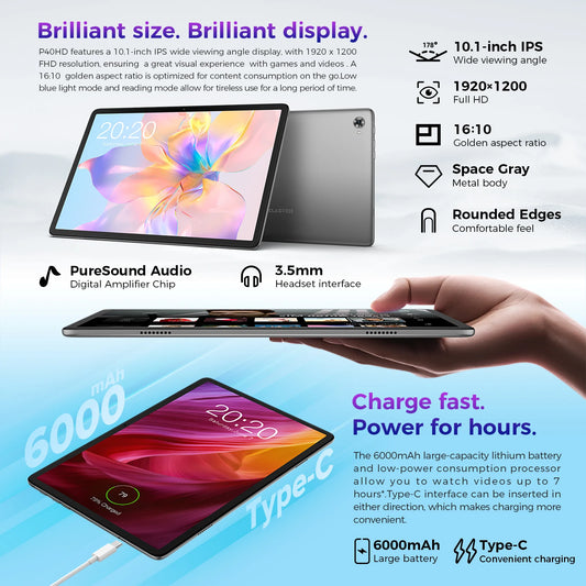 Teclast P40Hd, Android 12/13 Tablet, 10.1 Inches, 4/6/8Gb Ram, 128Gb Rom, Unisoc T606, 8 Cores, Mali-G57, 1920X1200 Ips, 6000Mah, 13Mp+5Mp, Supports Tf up to 1Tb, Metal Body, Gps, Type C,