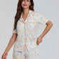 Women s Easter Loungewear Set Cartoon Egg Print Short Sleeve Lapel Button T-Shirt with Elastic Waist Shorts