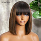 100% Human Hair Brown Highlight Put On and Go Realistic Yaki Straight Short Bob with Bangs Minimalist 3X1 Lace Wig For Women