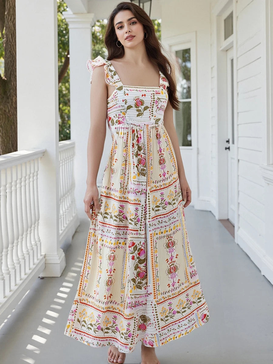 Elegant Vintage Style Sleeveless Floral Print Square Neck Midi Dress with Adjustable Straps for Women s Summer Fashion