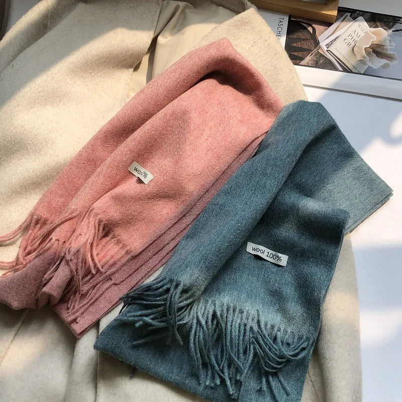100% Pure Wool Fashion Tassels Women Scarf  Warm Cashmere Shawl Female Stylish Australian Wool Wrap Winter Knitted Neck Scarf