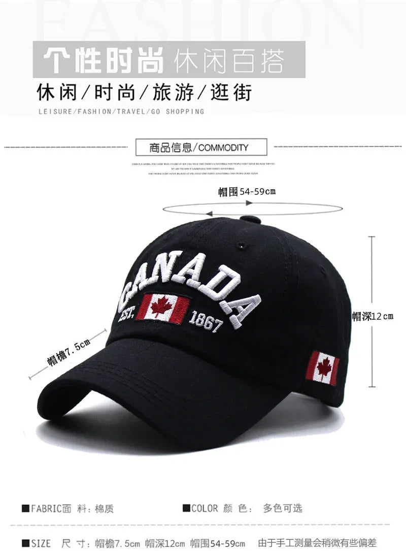 Canada Caps Men Women  Summer Fashion Dad Hat Snapback Flag Letter Embroidery Black White Baseball Cap Women Gorras Hombre