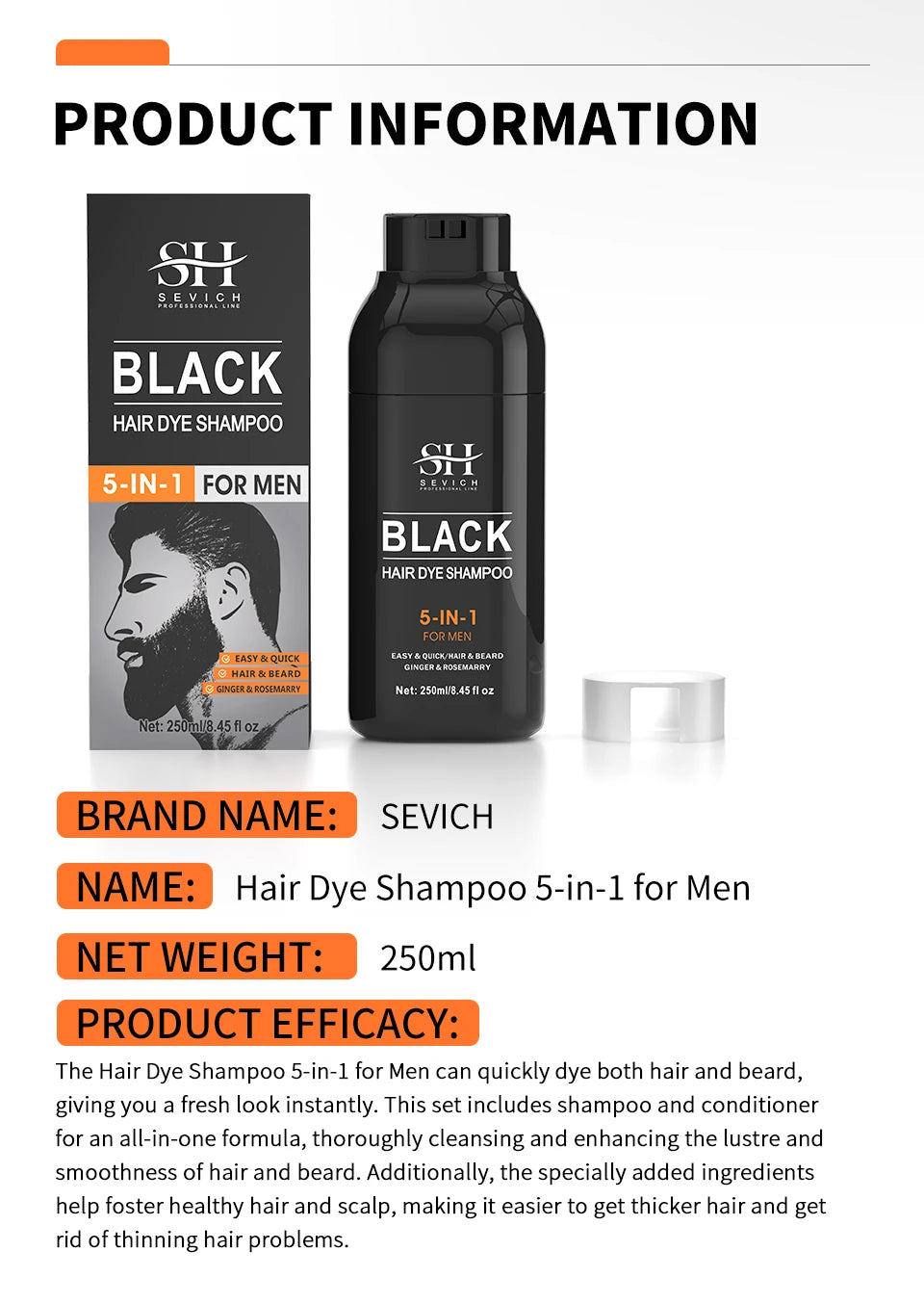 250ml Natural Black Hair Dye Shampoo for men Instant Gray To Black ginger hair dye Repair White Hair Care Black Beard Shampoo