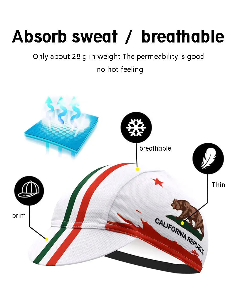 Classic Retro California Cycling Caps for Men and Women, Breathable Quick Dry Bicycle Hats, Bike Caps