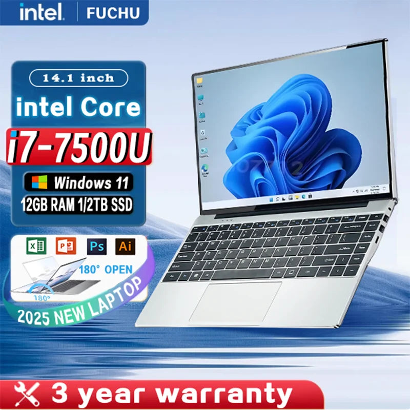 2025NEW Laptop  Windows 11 Notebook computer14.1" Intel Core i7 7500U 12GB RAM 512GB/1TB SSD 1920*1080P Office Study PC computer