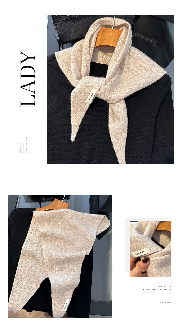 100% Wool Korean Style Knitted Triangular Scarf Women Winter Warm Headscarf Shawl Multi-functional Neckerchief