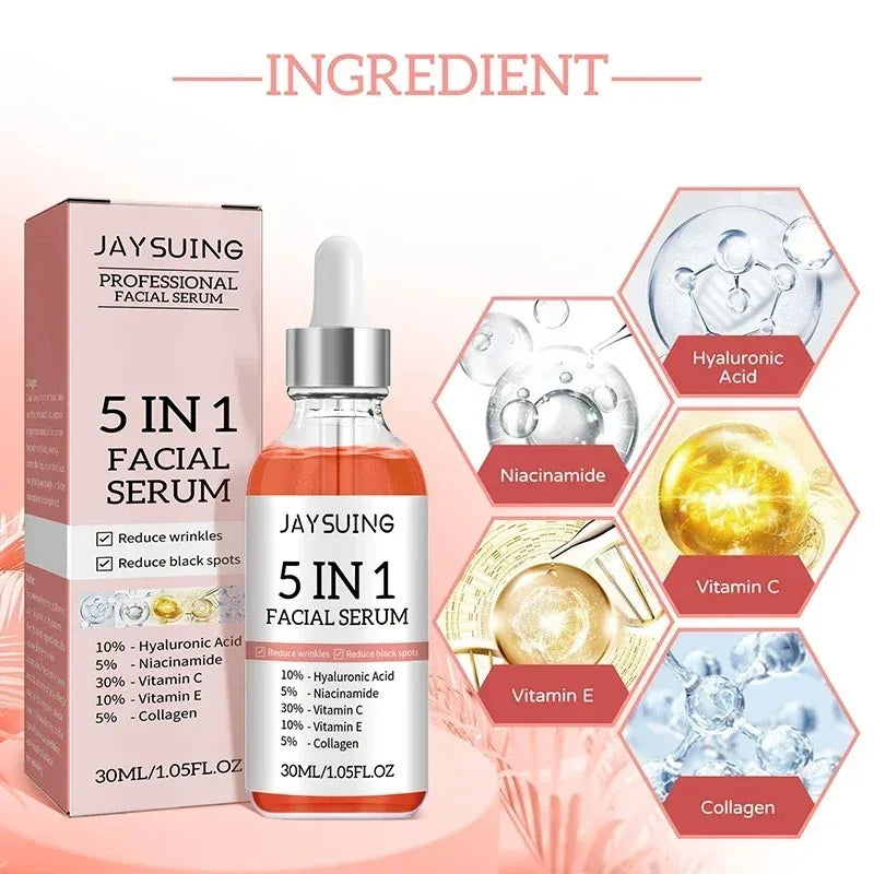 Jaysuing 5 In 1 Hyaluronic Acid Face Serum 30ml Moisturizing Vitamin C Collagen Lightning Facial Serum Shrink Pores Skin Care