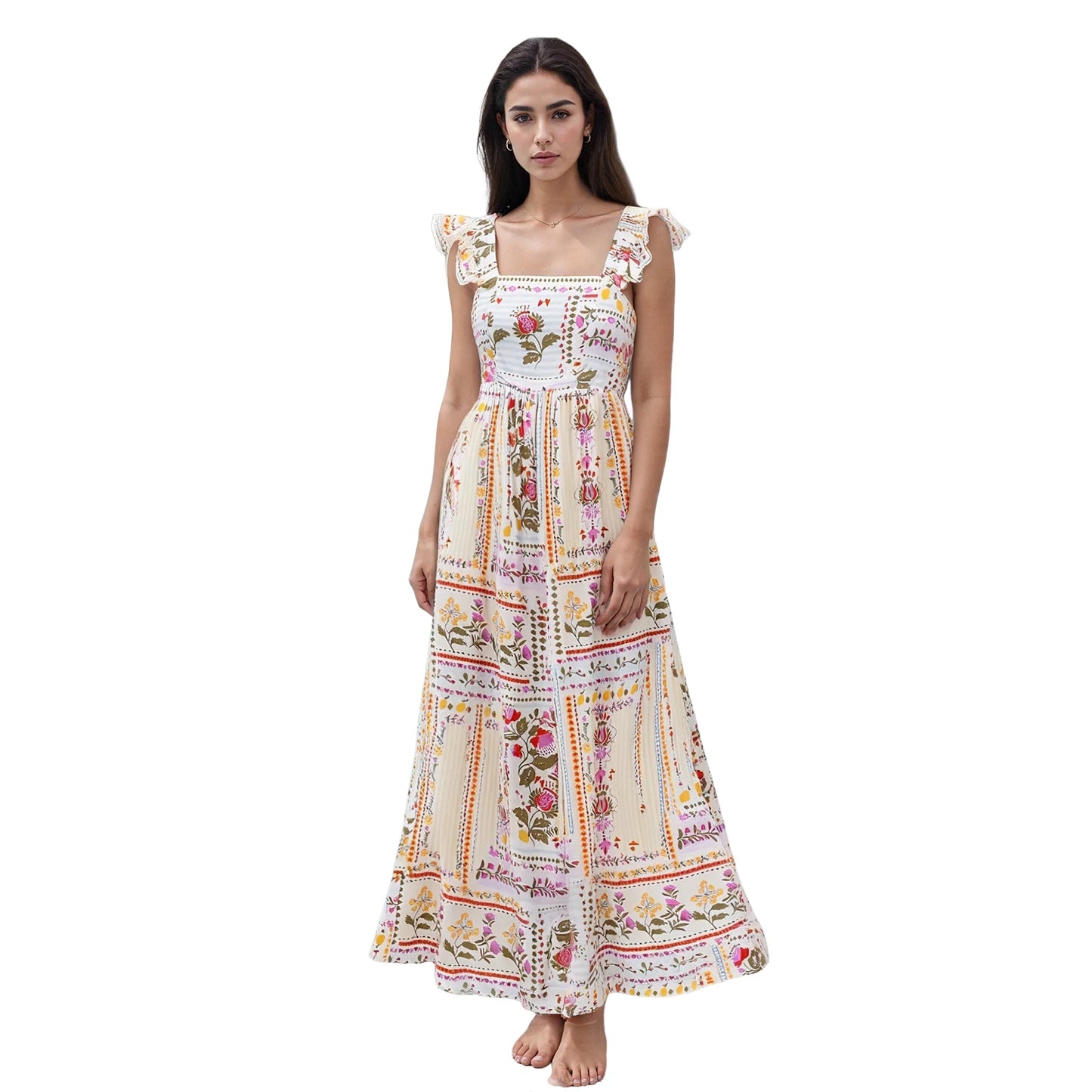Elegant Vintage Style Sleeveless Floral Print Square Neck Midi Dress with Adjustable Straps for Women s Summer Fashion