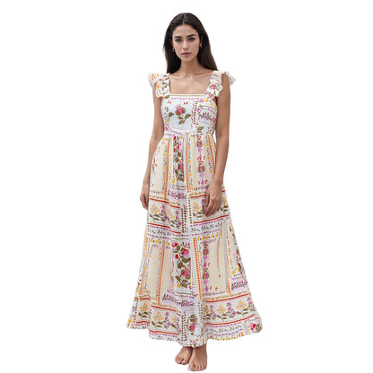 Elegant Vintage Style Sleeveless Floral Print Square Neck Midi Dress with Adjustable Straps for Women s Summer Fashion