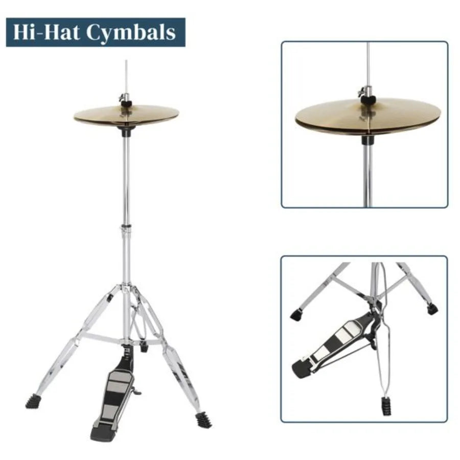 MCH Full Size Adult Drum Set 5Piece Black with Bass Drum two Tom Drum Snare Drum Floor Tom 16 Ride Cymbal 14 Hihat Cymbals Stoo
