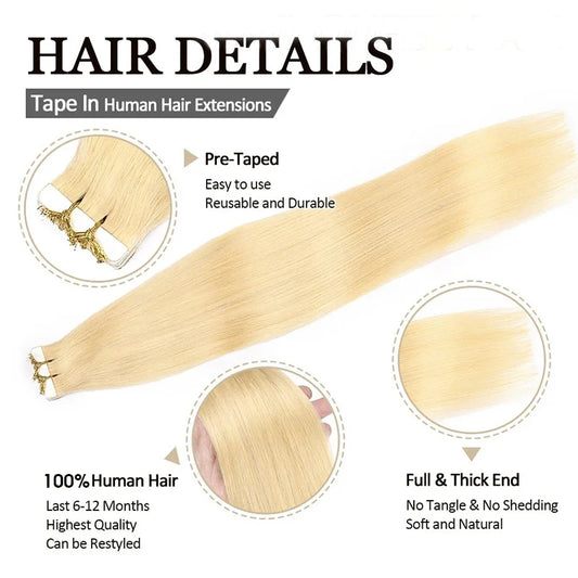 50G/set 20Pcs Tape in Hair Extensions Human Hair Straight 613# Invisible PU Skin Weft Hair Extensions for Women 18inch 22inch