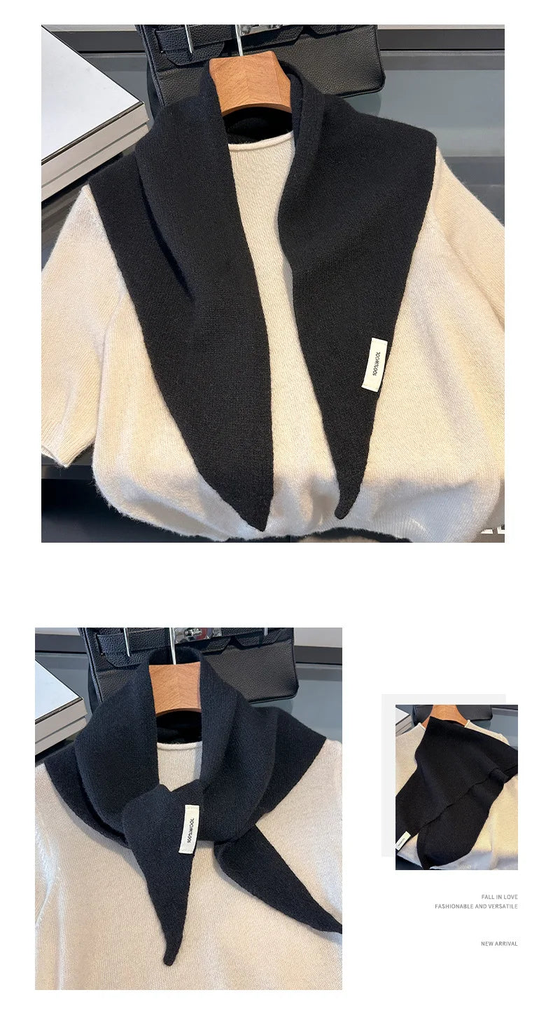100% Wool Korean Style Knitted Triangular Scarf Women Winter Warm Headscarf Shawl Multi-functional Neckerchief