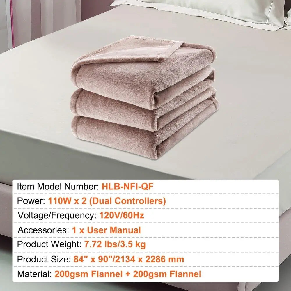 Electric Heated Blanket Queen Size Soft Flannel 10 Hour Timer Auto-Off 5 Heating Levels Dual Control Machine Washable ETL FCC