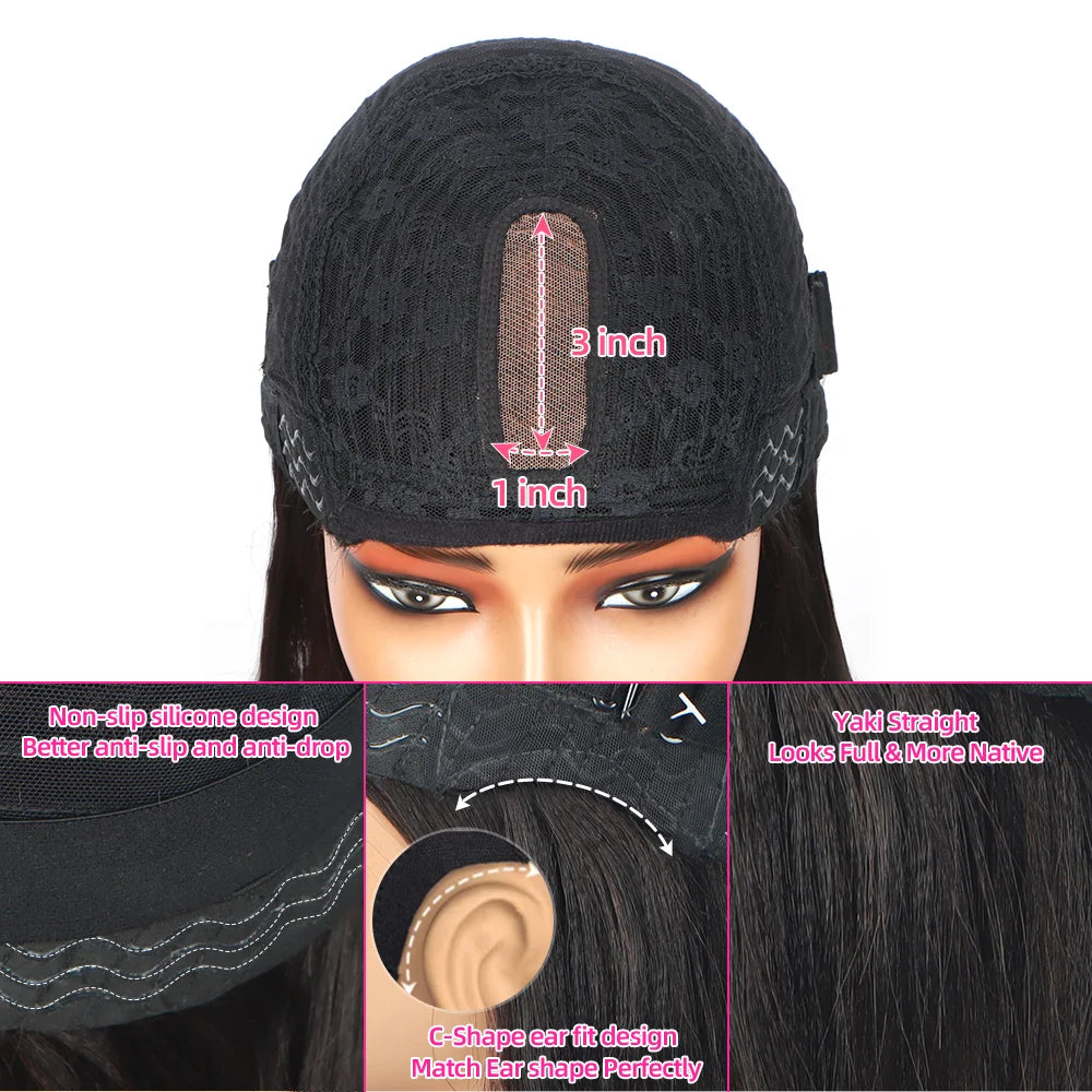 100% Human Hair Brown Highlight Put On and Go Realistic Yaki Straight Short Bob with Bangs Minimalist 3X1 Lace Wig For Women