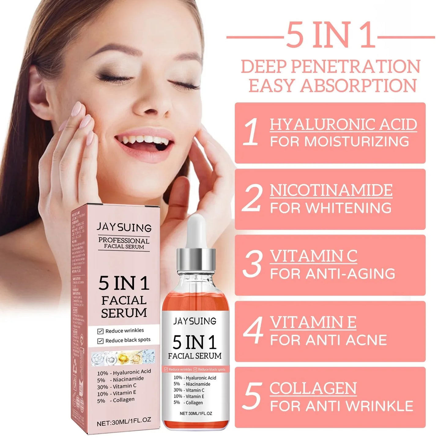 Jaysuing 5 In 1 Hyaluronic Acid Face Serum 30ml Moisturizing Vitamin C Collagen Lightning Facial Serum Shrink Pores Skin Care