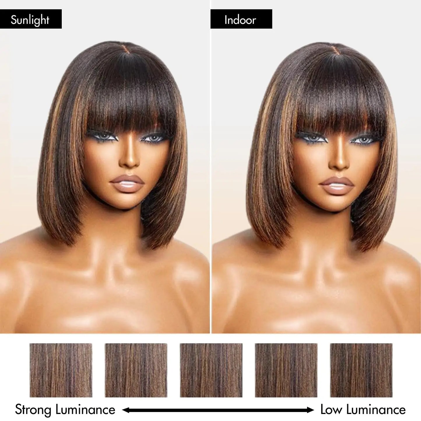 100% Human Hair Brown Highlight Put On and Go Realistic Yaki Straight Short Bob with Bangs Minimalist 3X1 Lace Wig For Women