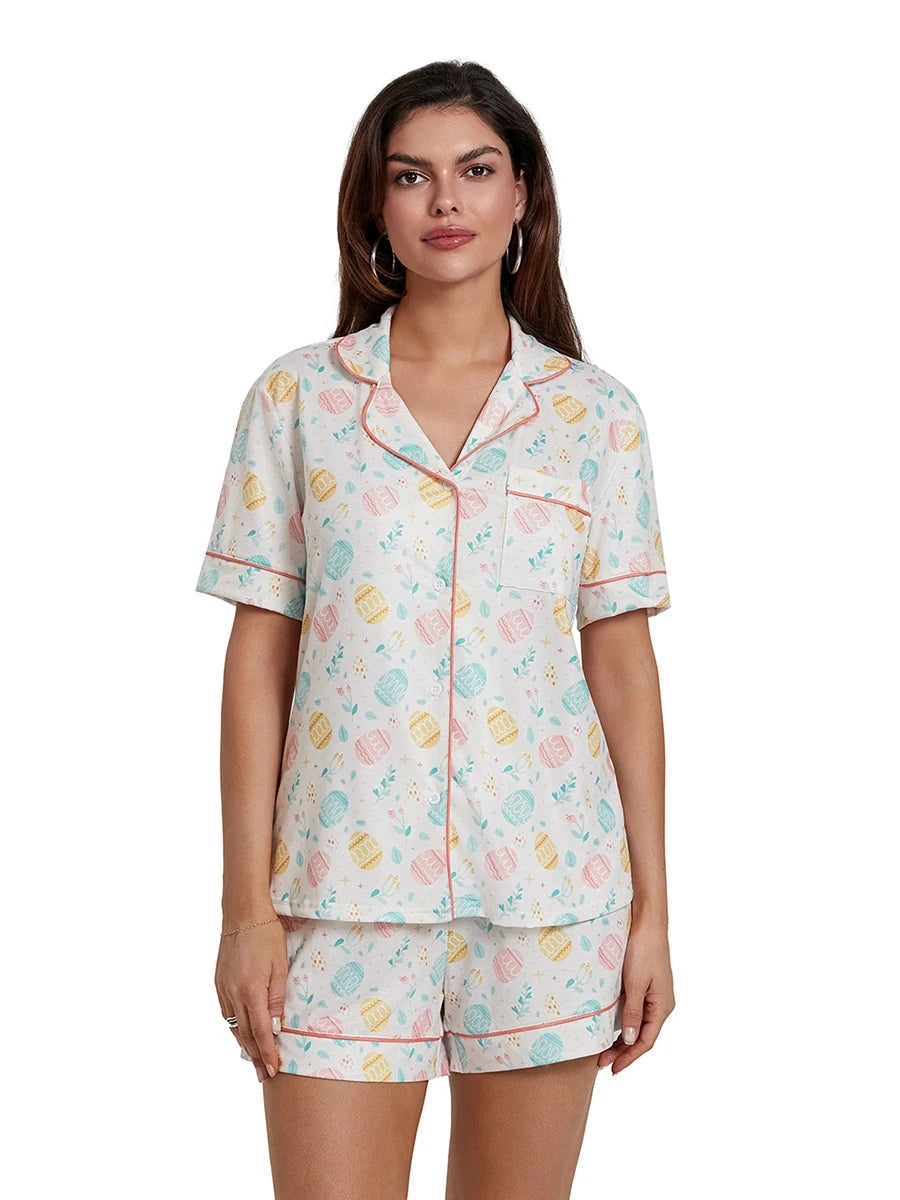 Women s Easter Loungewear Set Cartoon Egg Print Short Sleeve Lapel Button T-Shirt with Elastic Waist Shorts