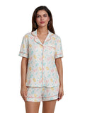 Women s Easter Loungewear Set Cartoon Egg Print Short Sleeve Lapel Button T-Shirt with Elastic Waist Shorts