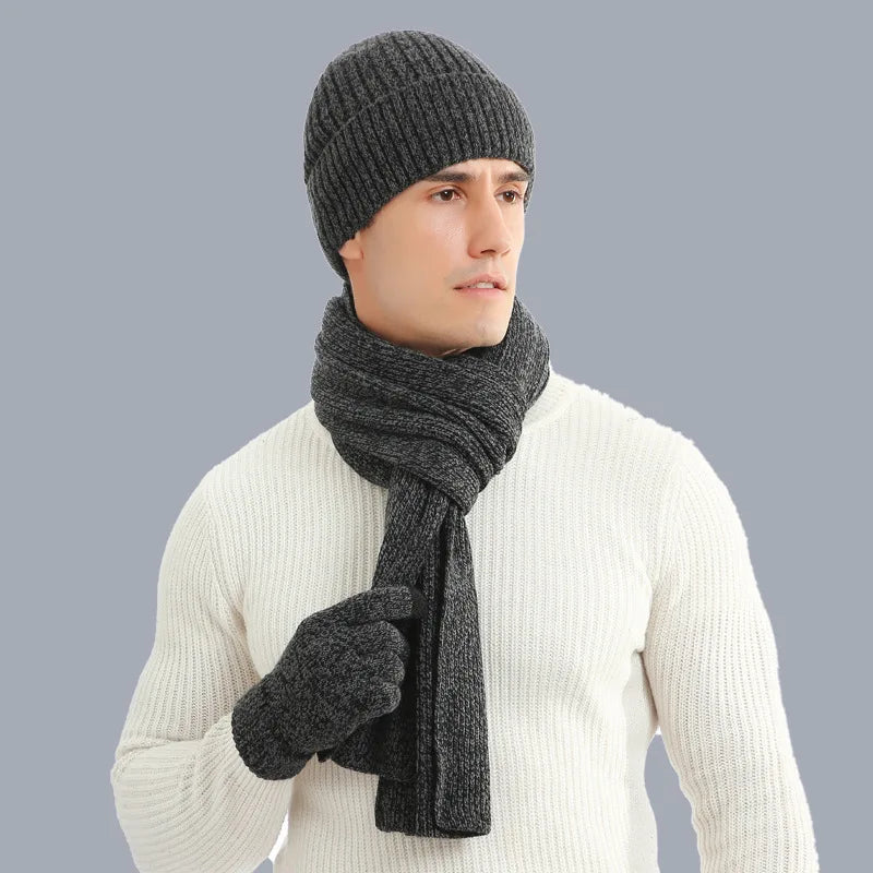 3 piece set of  winter warm men's knitted wool beanie hat scarf gloves set 2020 men's daily leisure ski camping fishing warm set