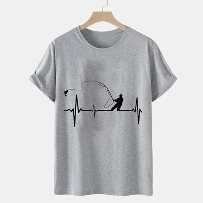T-shirts for Men Fly Fishing Heartbeat Pulse Print Shirt Funny Short Sleeve T Shirts Summer Tops Tee Mens T Shirt Male Clothes