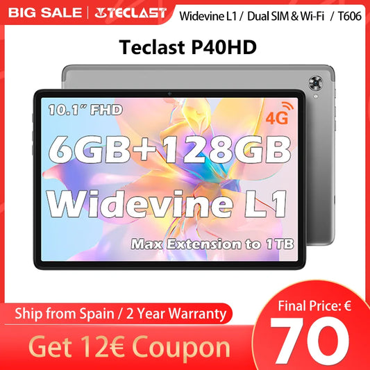 Teclast P40Hd, Android 12/13 Tablet, 10.1 Inches, 4/6/8Gb Ram, 128Gb Rom, Unisoc T606, 8 Cores, Mali-G57, 1920X1200 Ips, 6000Mah, 13Mp+5Mp, Supports Tf up to 1Tb, Metal Body, Gps, Type C,