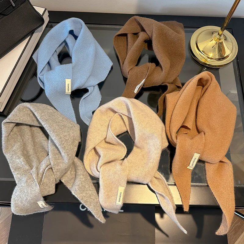 100% Wool Korean Style Knitted Triangular Scarf Women Winter Warm Headscarf Shawl Multi-functional Neckerchief