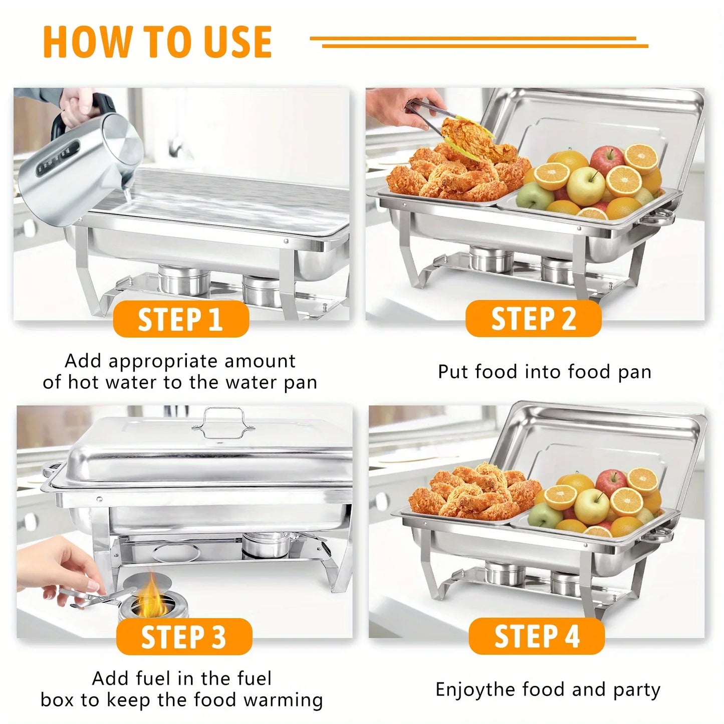 4 Pack Chafing Dish Buffet Set, Stainless Steel Food Warmer Kit with Lids Water Pan Fuel Holders Restaurant Catering Weddings