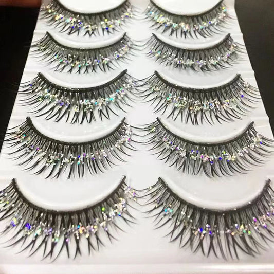 5 Pairs Makeup Stage False Eyelashes With Glitter Black Band Handmade Thick Fake Eye Lashes Beauty Performace Manga Latin Lashes