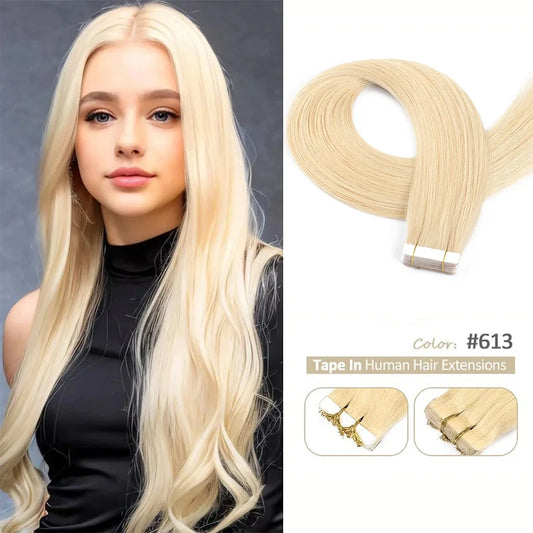 50G/set 20Pcs Tape in Hair Extensions Human Hair Straight 613# Invisible PU Skin Weft Hair Extensions for Women 18inch 22inch