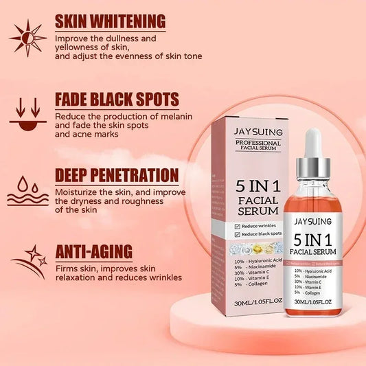 Jaysuing 5 In 1 Hyaluronic Acid Face Serum 30ml Moisturizing Vitamin C Collagen Lightning Facial Serum Shrink Pores Skin Care
