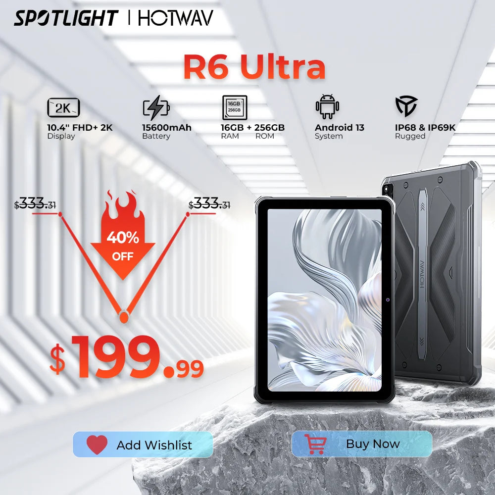 [World Premeire] HOTWAV R6 Ultra Rugged Tablet 10.4'' FHD+ 2K Display Android 13 15600mAh Battery Pad 16GB 256GB Tablet PC