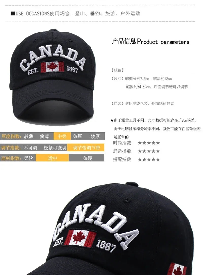 Canada Caps Men Women  Summer Fashion Dad Hat Snapback Flag Letter Embroidery Black White Baseball Cap Women Gorras Hombre