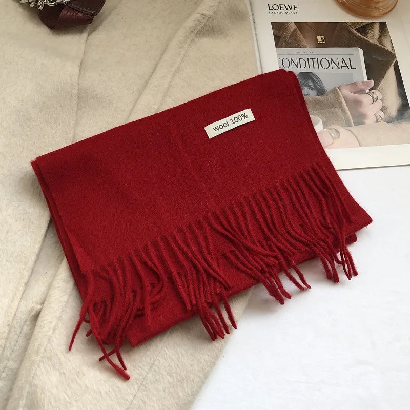 100% Pure Wool Fashion Tassels Women Scarf  Warm Cashmere Shawl Female Stylish Australian Wool Wrap Winter Knitted Neck Scarf