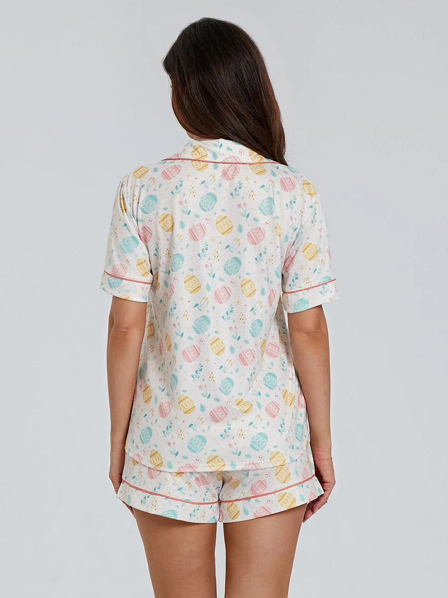 Women s Easter Loungewear Set Cartoon Egg Print Short Sleeve Lapel Button T-Shirt with Elastic Waist Shorts