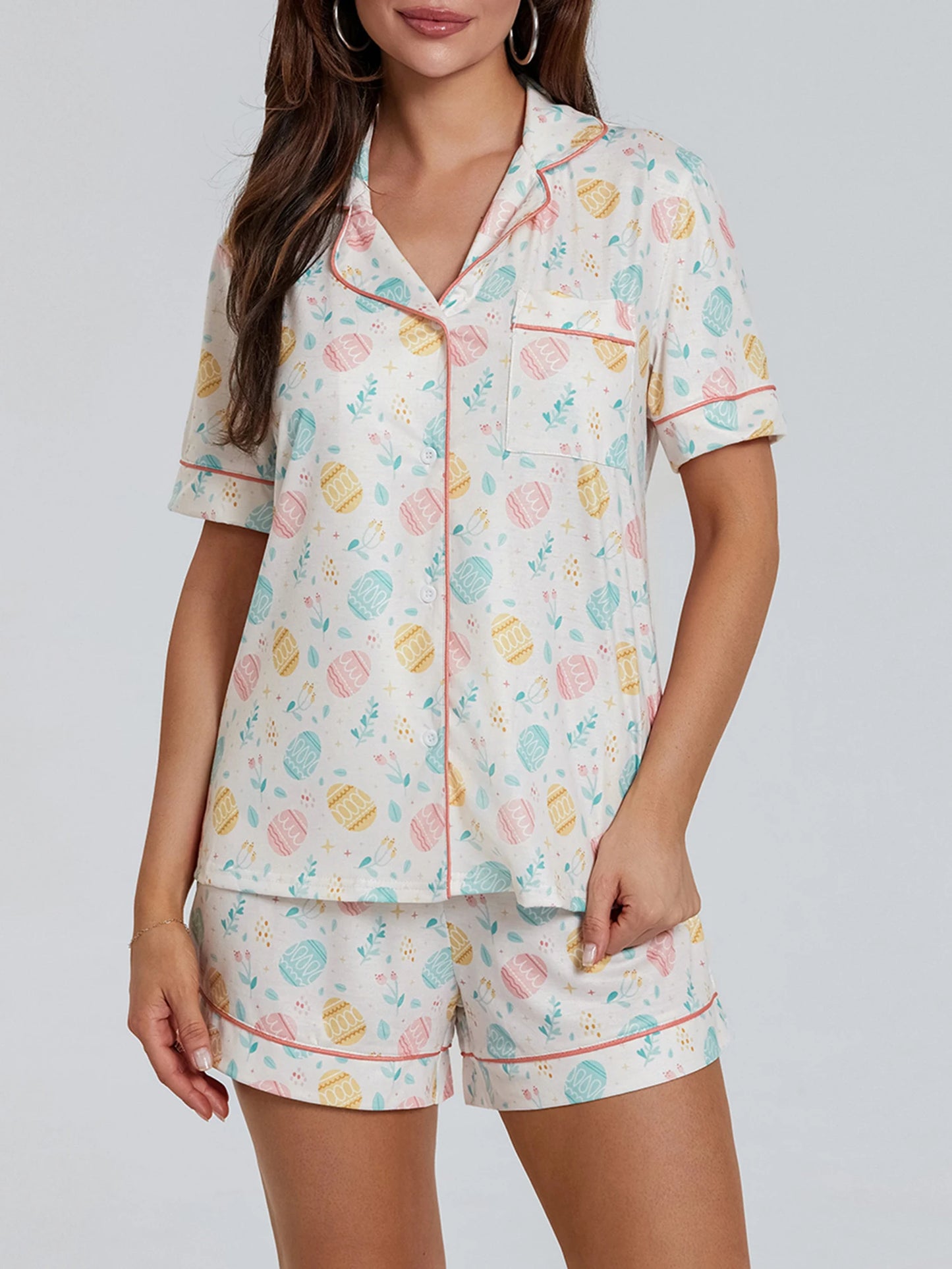 Women s Easter Loungewear Set Cartoon Egg Print Short Sleeve Lapel Button T-Shirt with Elastic Waist Shorts