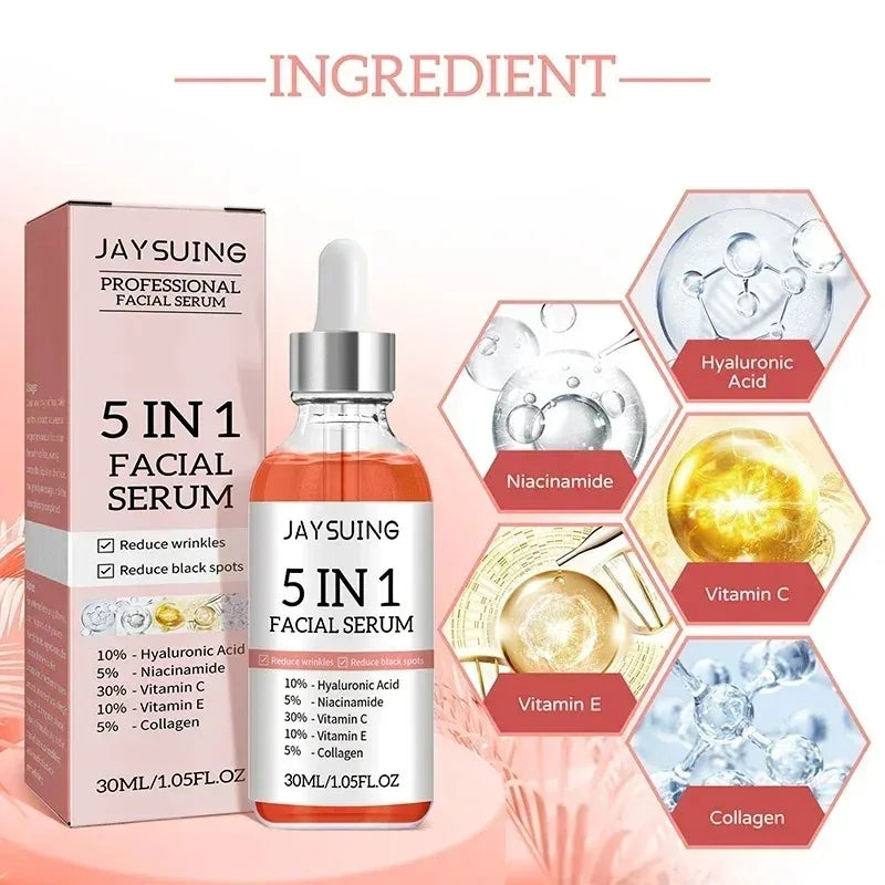 Jaysuing 5 In 1 Hyaluronic Acid Face Serum 30ml Moisturizing Vitamin C Collagen Lightning Facial Serum Shrink Pores Skin Care